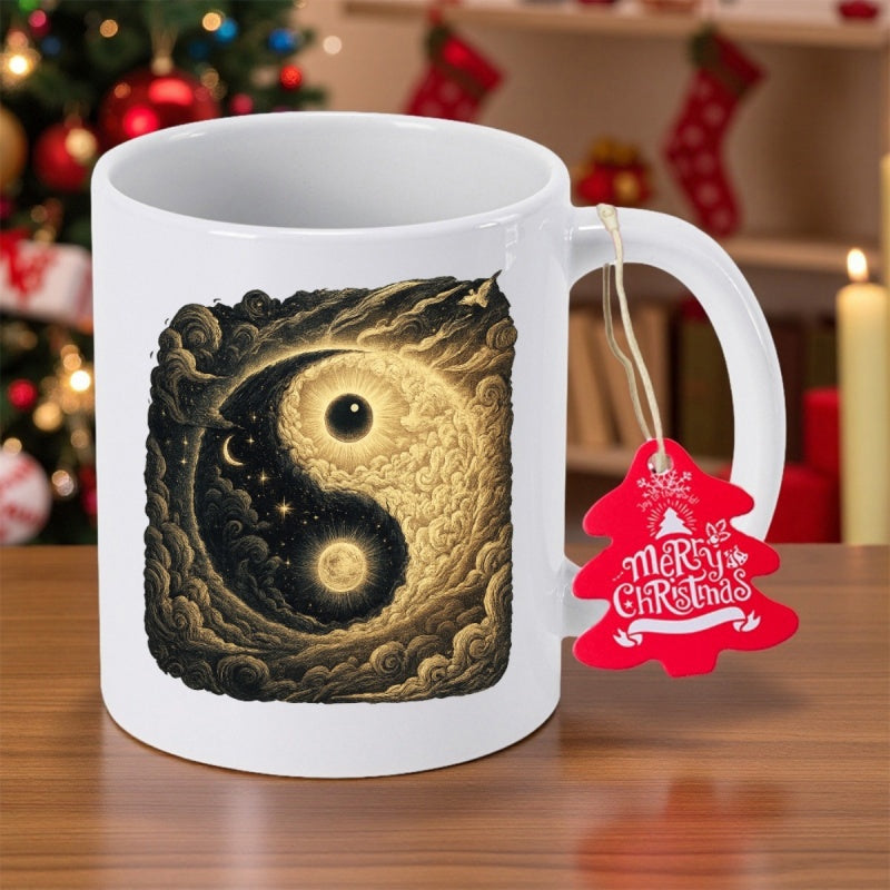 Tailorly White Ceramic 11 oz Mug - Stylized Celestial Clouds Swirling Around A Harmonious Ancient Balance Symbol Yin Yang