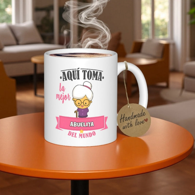 Tailorly White Ceramic 11 oz Mug - Cartoon Style Elderly Woman With White Bun And Glasses Grandmother