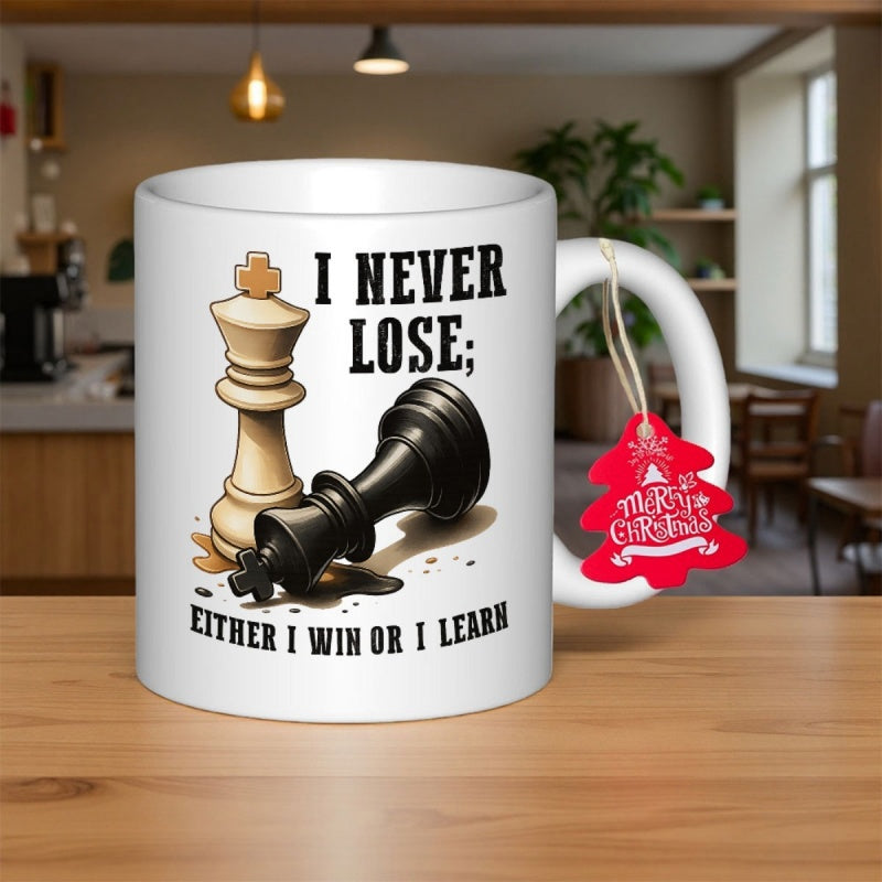Tailorly White Ceramic 11 oz Mug - I Never Lose Either I Win Or I Learn Classic White King Standing Proudly Beside A Fallen Black Opponent King