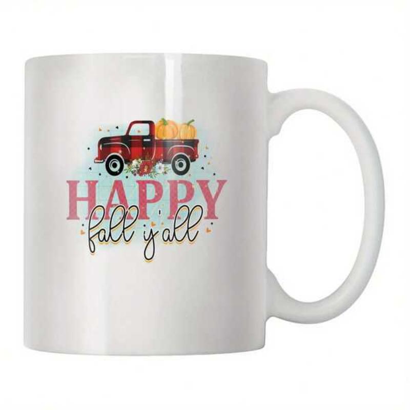 Tailorly White Ceramic 11 oz Mug - Happy Fall Yall Vintage Red Plaid Truck Carrying Ripe Pumpkins For Autumn Season Truck