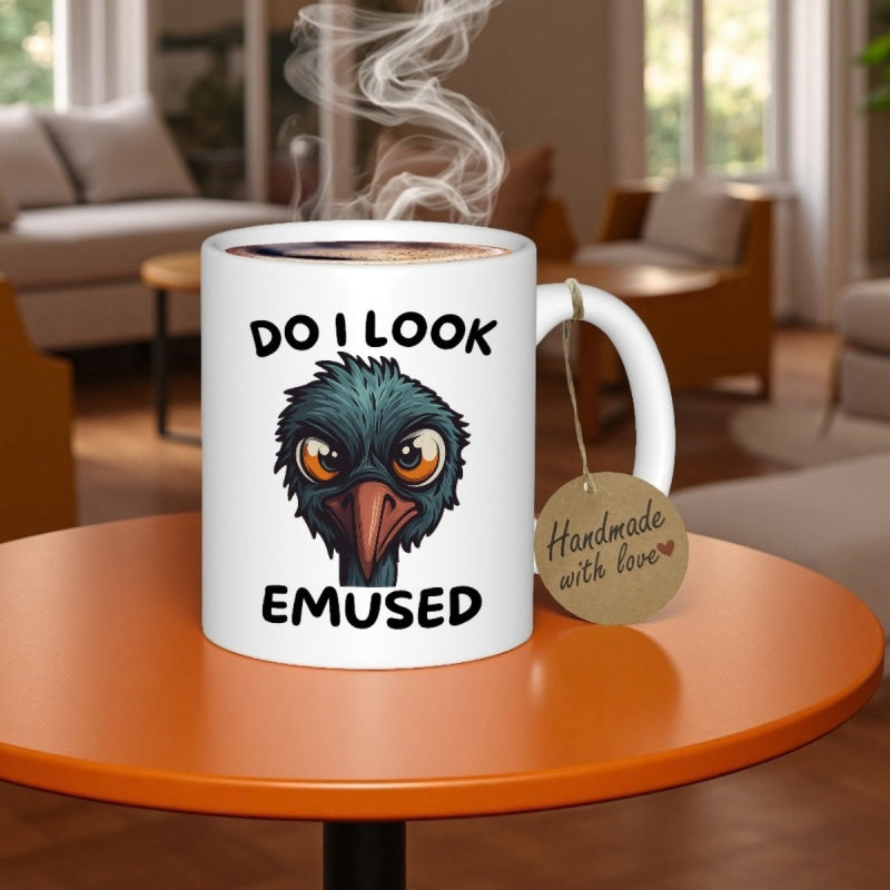 Tailorly White Ceramic 11 oz Mug - Do I Look Emused Funny Staring Cartoon Emu Head Featuring Expressive Eyes And Feathers Bird