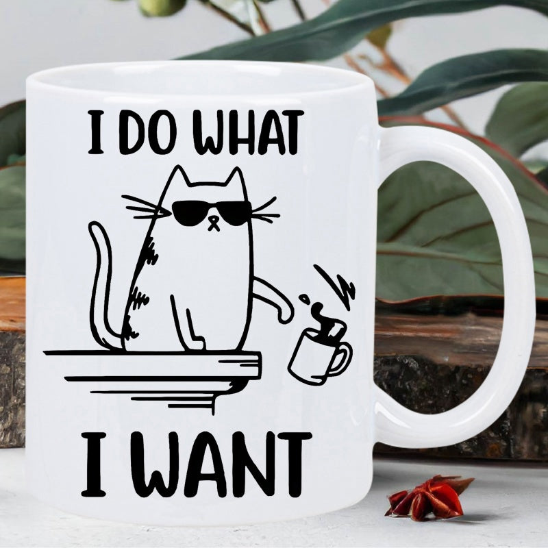 Tailorly White Ceramic 11 oz Mug - I Do What I Want Sassy Minimalist Sunglasses Wearing Feline Knocking Over Coffee Cat