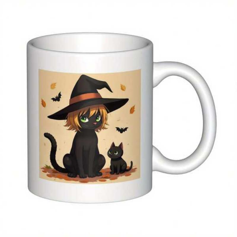 Tailorly White Ceramic 11 oz Mug - Mysterious Halloween Scene With Little Bats And Enchanting Black Witch Cat