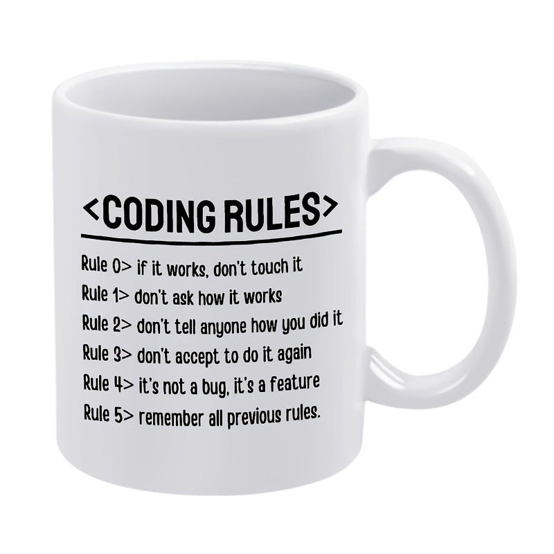 Tailorly White Ceramic 11 oz Mug - Coding Rules Minimalist Black Bold Font Printed On A Smooth Pure