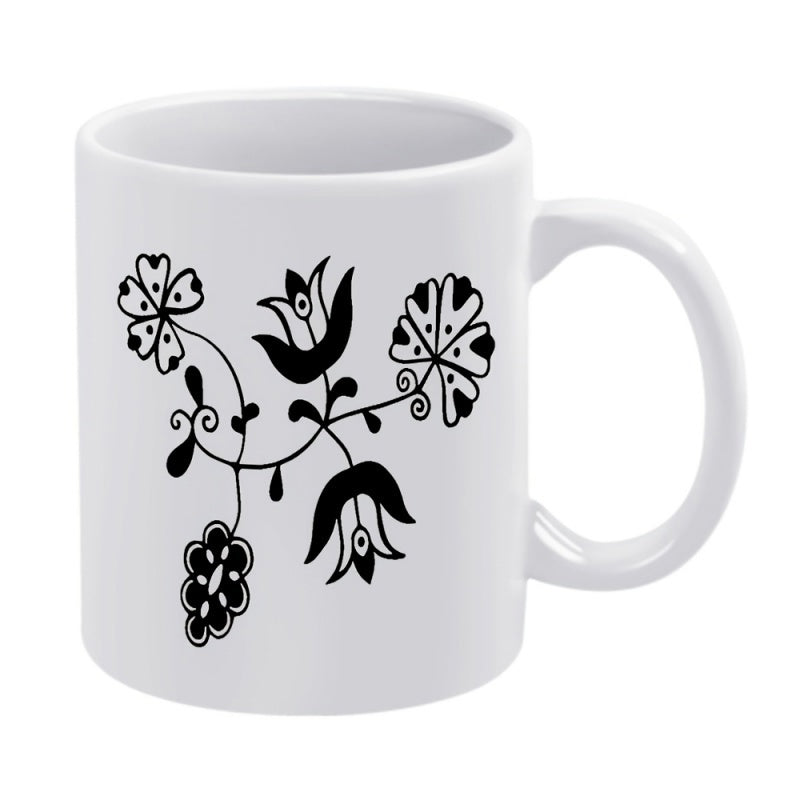 Tailorly White Ceramic 11 oz Mug - Folk Art Style With Black Swirling Vines And Blooming Decorative Petals Flower