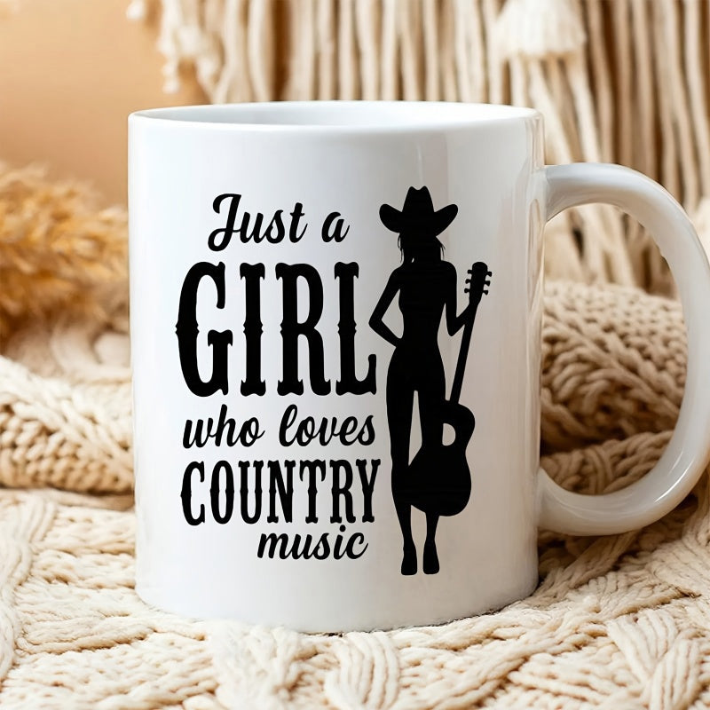 Tailorly White Ceramic 11 oz Mug - Just A Girl Who Loves Country Music Graceful Silhouette Holding A Classic Guitar Wearing A Wide Cowboy Hat Cowgirl