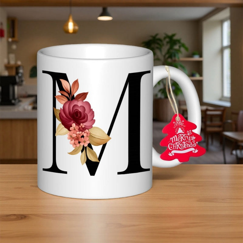 Tailorly White Ceramic 11 oz Mug - M Merry Christmas Elegant Capital Letter M Decorated With Maroon Roses And Golden Leaves Letter