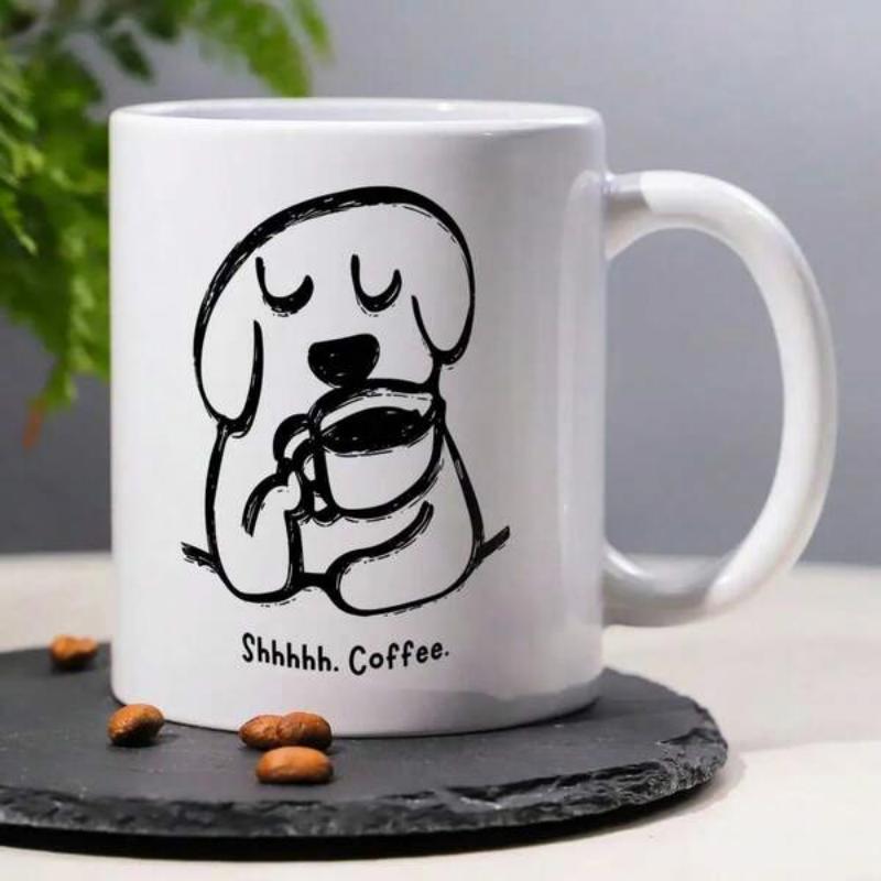 Tailorly White Ceramic 11 oz Mug - Shhhhh Coffee Minimalist Black Line Art Of A Sleepy Puppy Drinking Morning Brew Dog