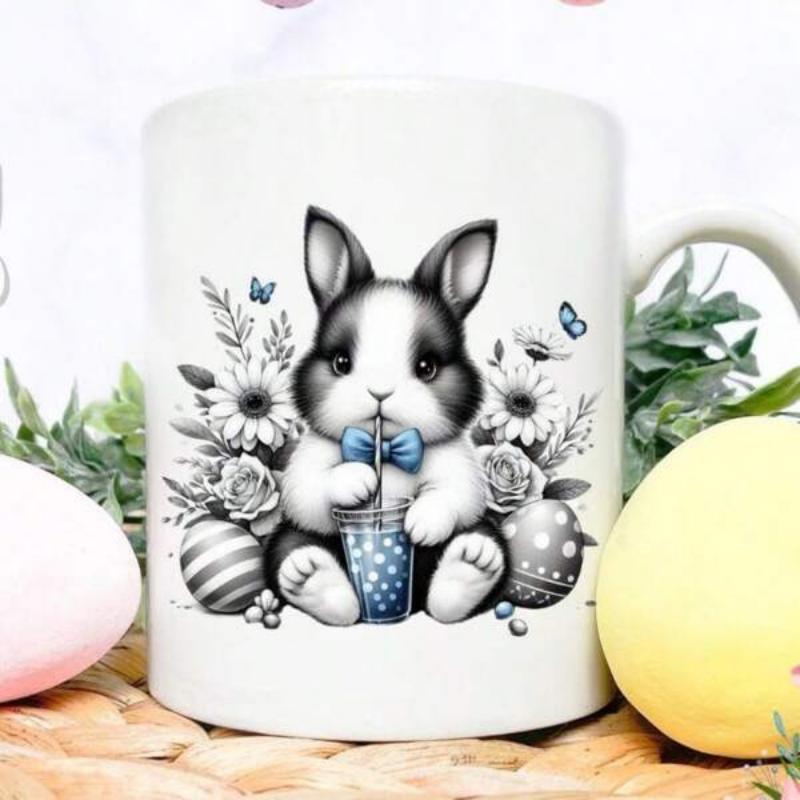 Tailorly White Ceramic 11 oz Mug - Cute Springtime Bunny Sipping From Dotted Cup Among Easter Flowers Rabbit