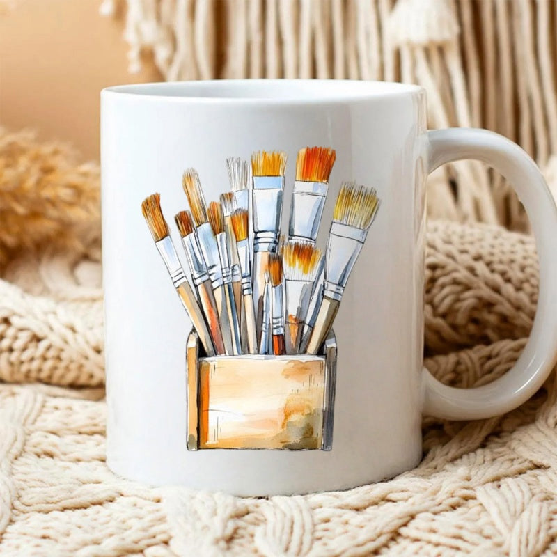 Tailorly White Ceramic 11 oz Mug - Watercolor Style Artist Brushes Arranged Inside A Simple Wooden Box Paintbrush