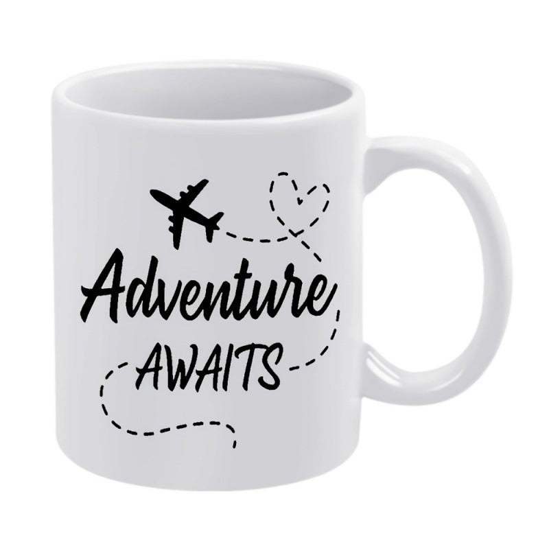 Tailorly White Ceramic 11 oz Mug - Adventure Awaits Minimalist Black Silhouette With Heart Dashed Trail Flying Airplane