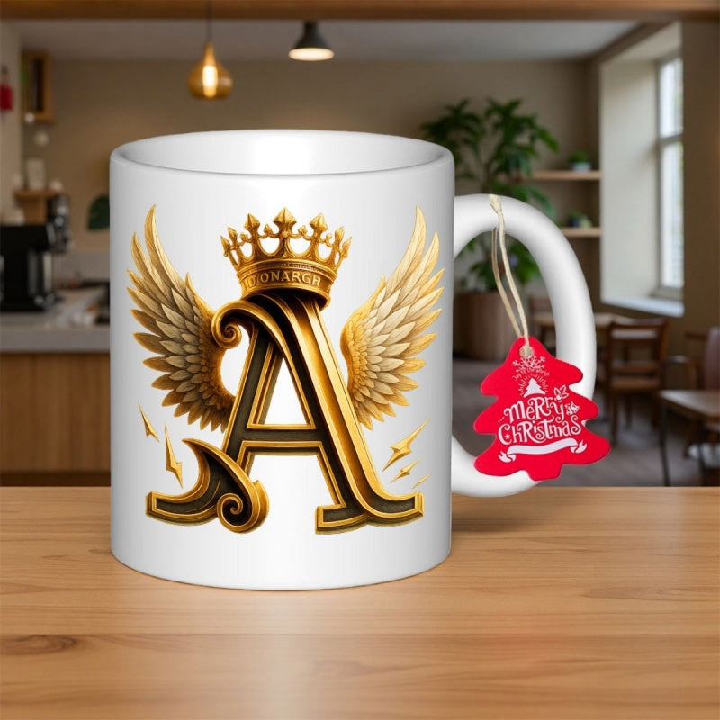 Tailorly White Ceramic 11 oz Mug - Merry Christmas Golden Heraldic Letter Featuring Majestic Wings Topped With A Royal Crown Mug