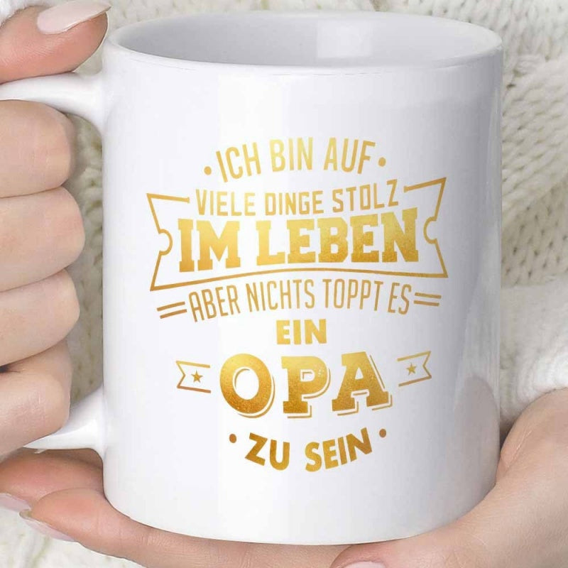 Tailorly White Ceramic 11 oz Mug - Golden Typography Banners And Stars On A Clean