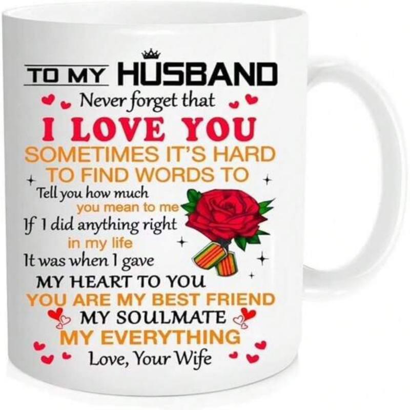 Tailorly White Ceramic 11 oz Mug - To My Husband I Love You My Soulmate My Everything Elegant Crimson Rose Surrounded By Scattered Hearts And Small Shining Stars