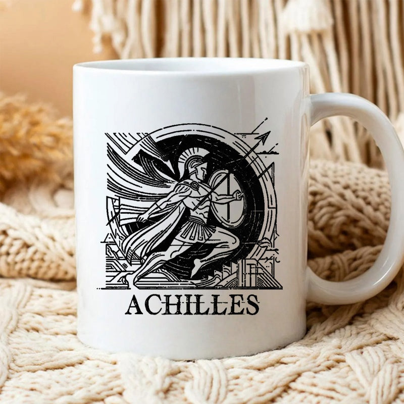 Tailorly White Ceramic 11 oz Mug - Achilles Valiant Ancient Greek Hero With Detailed Geometric Shield And Spear Warrior