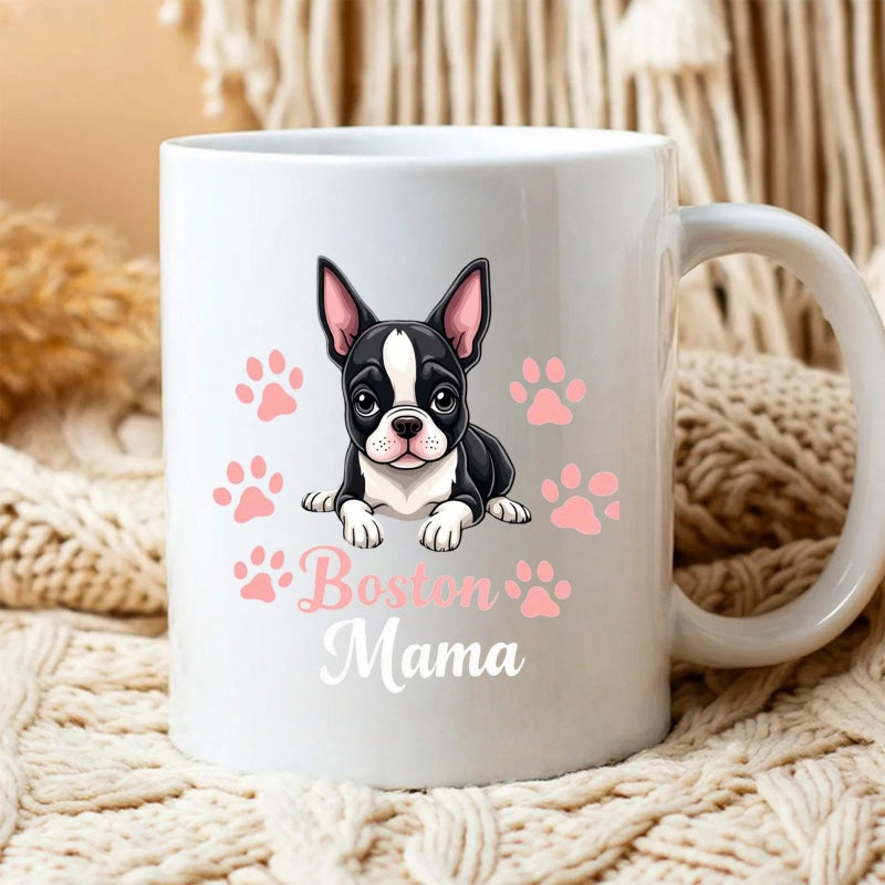 Tailorly White Ceramic 11 oz Mug - Boston Mama Cute Cartoon Puppy Surrounded By Pink Decorative Paw Prints Boston Terrier