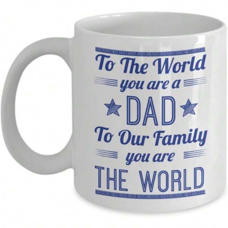 Tailorly White Ceramic 11 oz Mug - To The World You Are A Dad To Our Family You Are The World Simple Blue Text Design With Horizontal Lines And Symmetrical Stars