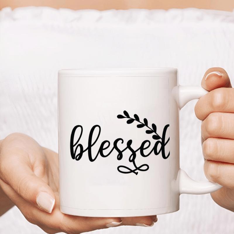 Tailorly White Ceramic 11 oz Mug - Blessed Elegant Script Lettering With Minimalist Leafy Branch And Artistic Flourish Branch