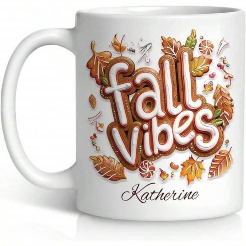Tailorly White Ceramic 11 oz Mug - Fall Vibes Katherine Rustic Gingerbread Style Letters Among Warm Autumn Leaves Mug