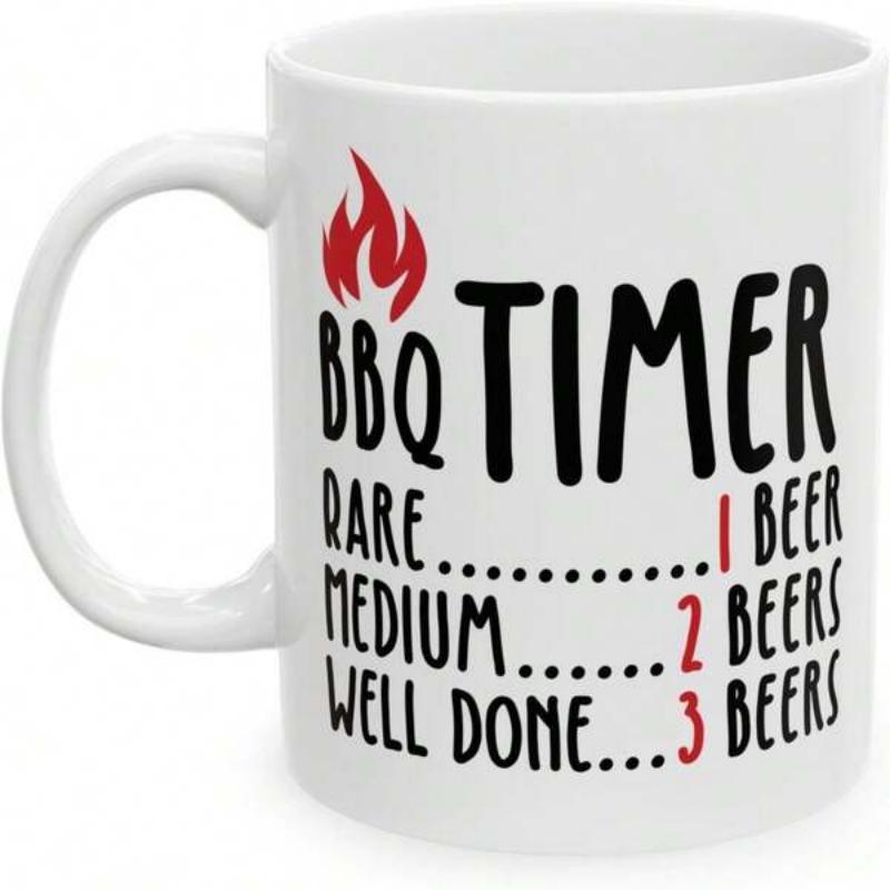 Tailorly White Ceramic 11 oz Mug - BBQ Timer Rare 1 Beer Medium 2 Beers Well Done 3 Beers Minimalist Red Flame Symbol Above Humorous Cooking Text Mug