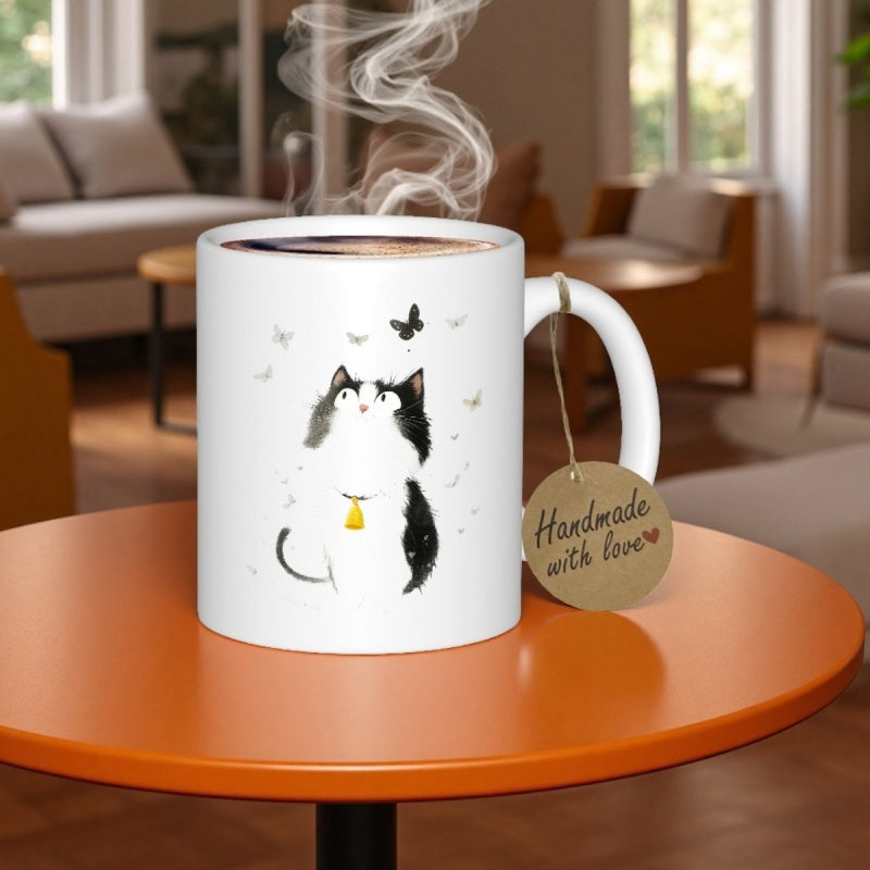 Tailorly White Ceramic 11 oz Mug - Handmade With Love Artistic Black And White Looking Up Among Graceful Fluttering Butterflies Cat