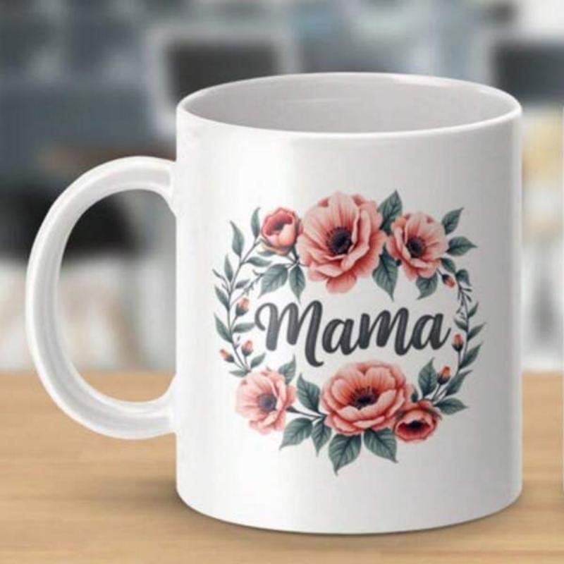 Tailorly White Ceramic 11 oz Mug - Mama Blooming Pink Roses With Green Leaves Arranged In A Circular Wreath Flower