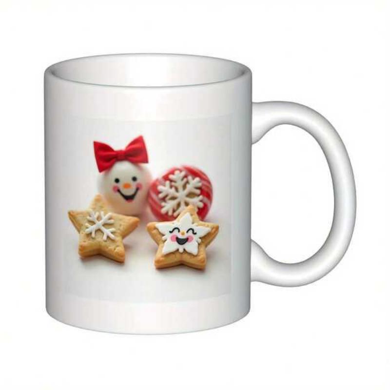 Tailorly White Ceramic 11 oz Mug - Festive Holiday Treats With Smiling Star Shapes And Sweet Winter Characters Cookies