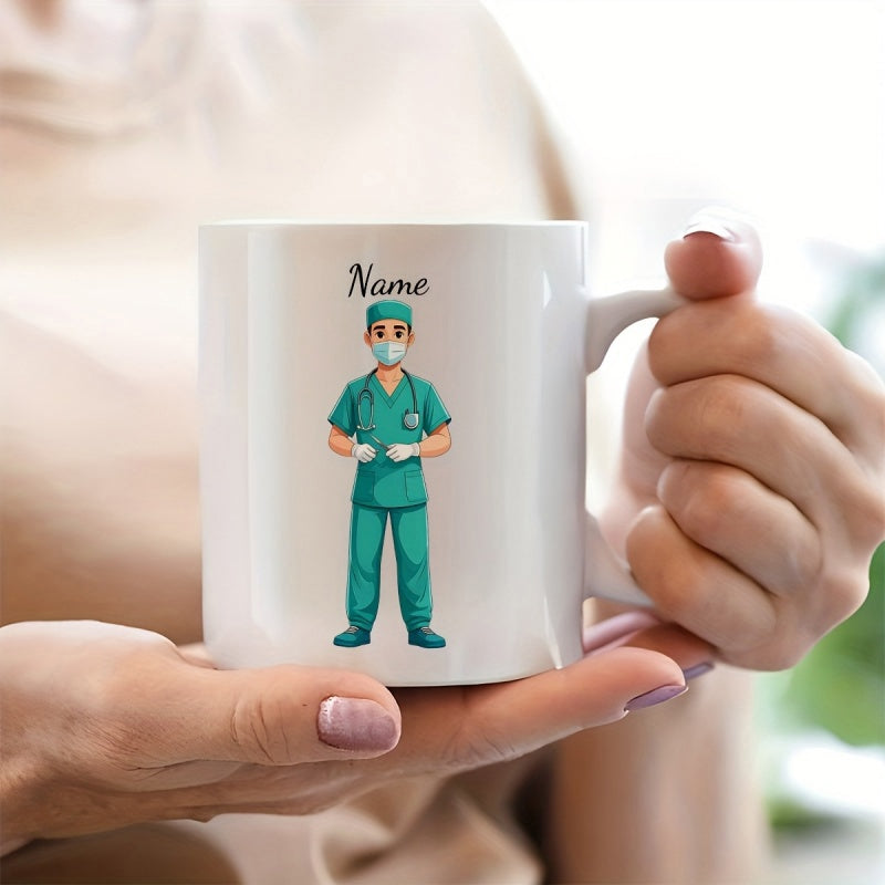 Tailorly White Ceramic 11 oz Mug - Name Dedicated Male Surgeon Wearing Green Medical Scrubs And Protective Face Mask Doctor
