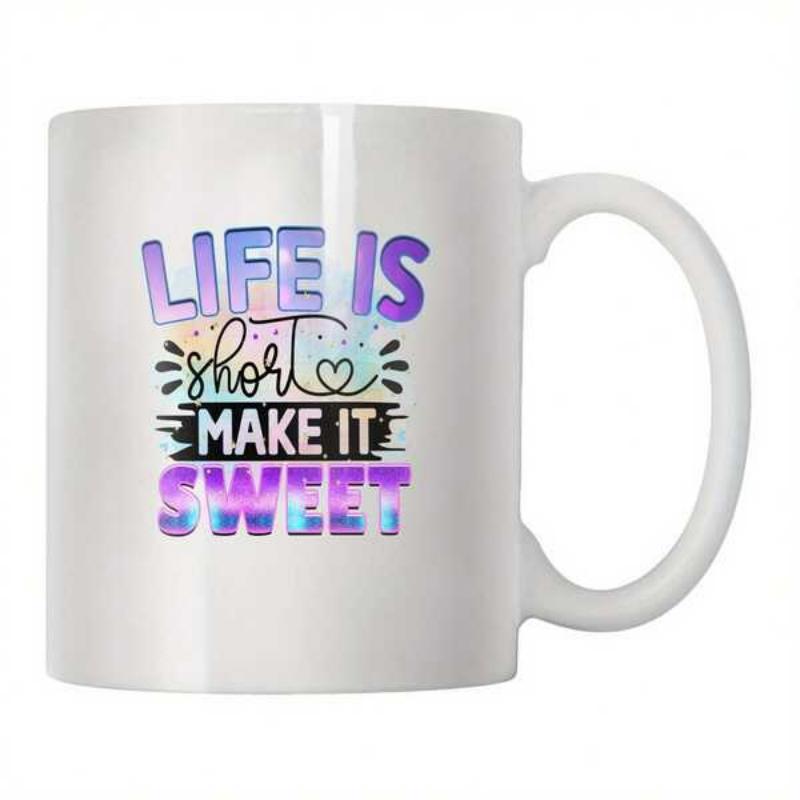 Tailorly White Ceramic 11 oz Mug - Life Is Short Make It Sweet Vibrant Gradient Lettering Featuring Small Heart Decorative Accents Ceramic Mug