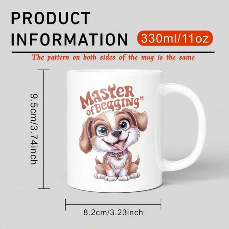 Tailorly White Ceramic 11 oz Mug - Master Of Begging Adorable Brown Cartoon Puppy Sitting Happily With A Wide Joyful Smile Dog