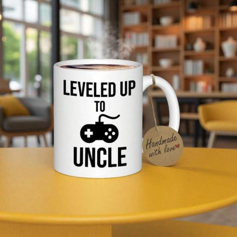 Tailorly White Ceramic 11 oz Mug - Leveled Up To Uncle Minimalist Black Silhouette Of A Classic Video Game Controller Console Controller