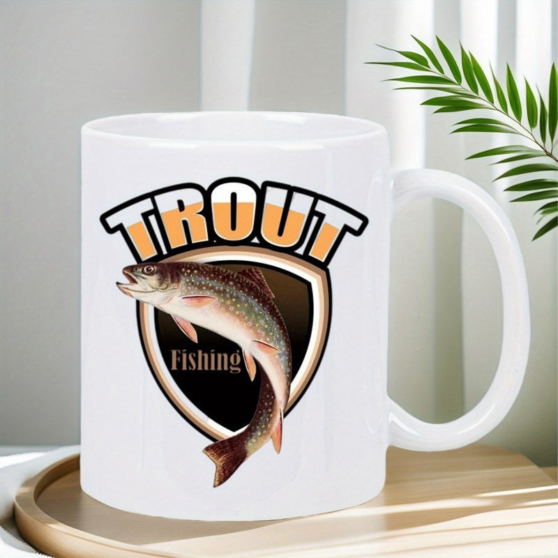 Tailorly White Ceramic 11 oz Mug - Trout Fishing Realistic Spotted Fish Jumping Out Of Bronze Shield Frame Trout