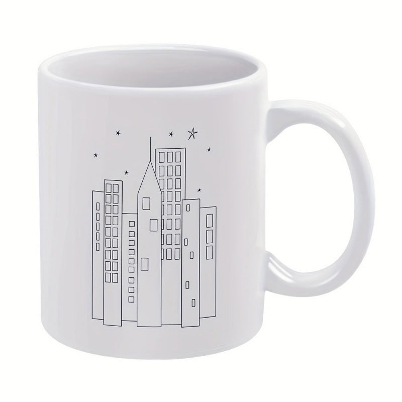 Tailorly White Ceramic 11 oz Mug - Minimalist Black Line Drawing Of High Skyscrapers Under Twinkling Small Stars Cityscape