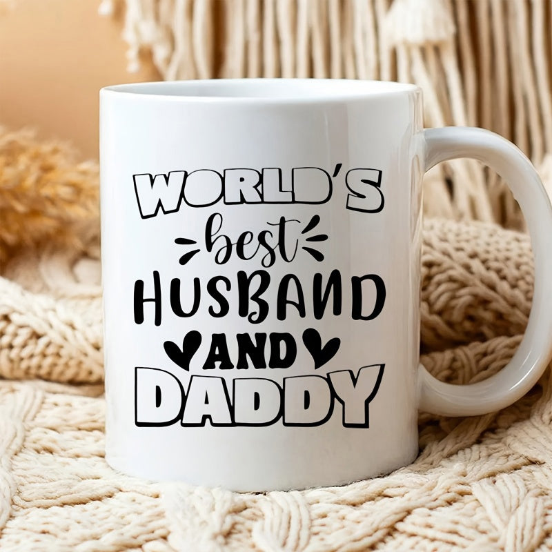 Tailorly White Ceramic 11 oz Mug - Worlds Best Husband And Daddy Elegant Black Typography With Decorative Script And Heart Symbols Mug