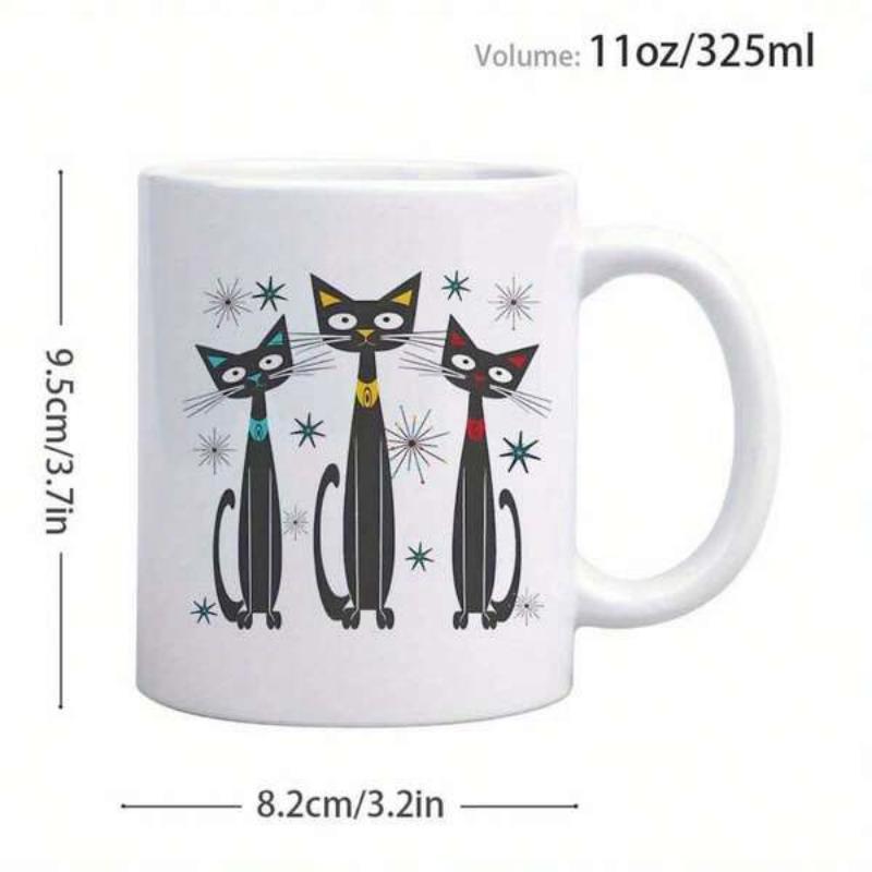 Tailorly White Ceramic 11 oz Mug - Retro Mid Century Modern Atomic Style With Three Sleek Slender Black Cat