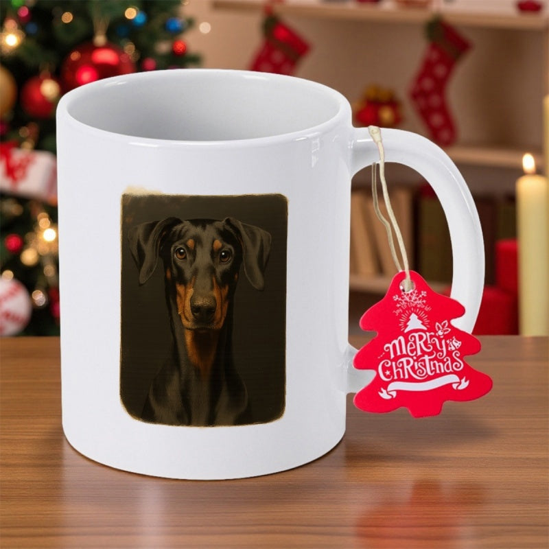 Tailorly White Ceramic 11 oz Mug - Merry Christmas Loyal Doberman Pinscher Portrait Set Against Dark Artistic Background Frame Dog