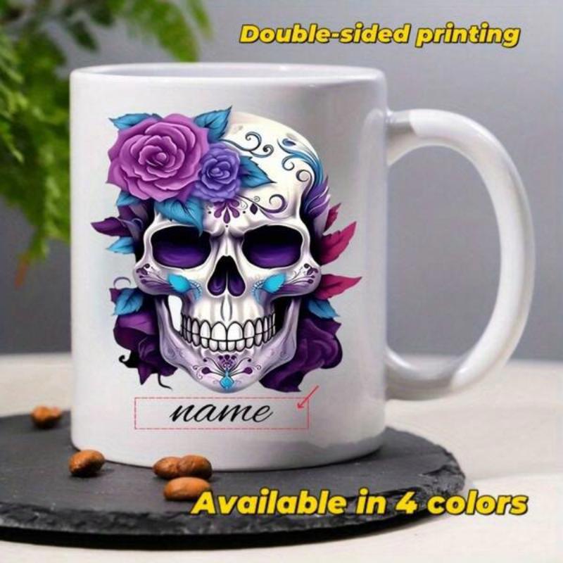 Tailorly White Ceramic 11 oz Mug - Name Intricate Floral Decorations With Purple Roses And Vibrant Teal Accents Decorative Skull