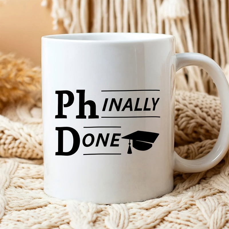 Tailorly White Ceramic 11 oz Mug - Phinally Done Minimalist Black Graduation Cap With Tassel On Mug
