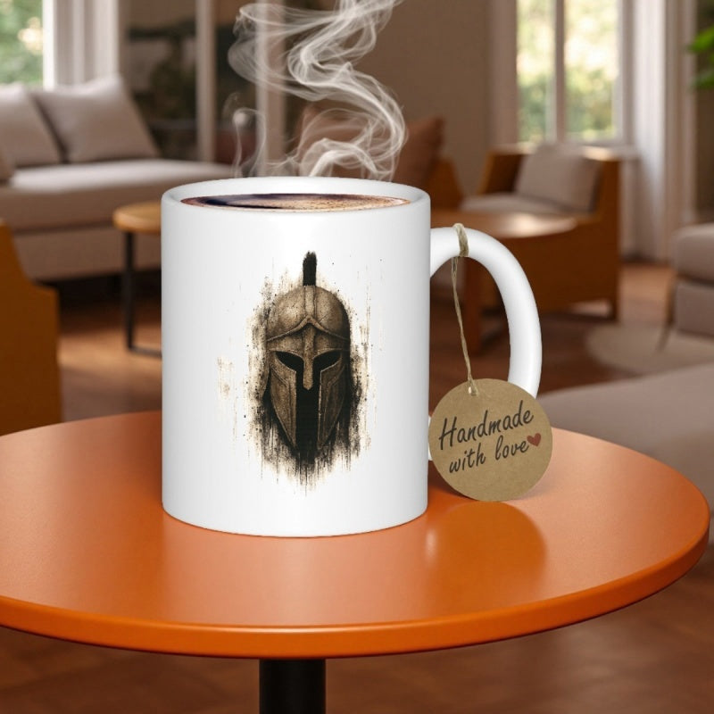 Tailorly White Ceramic 11 oz Mug - Handmade With Love Ancient Metallic Bronze Style With Dark Artistic Ink Splatter Helmet