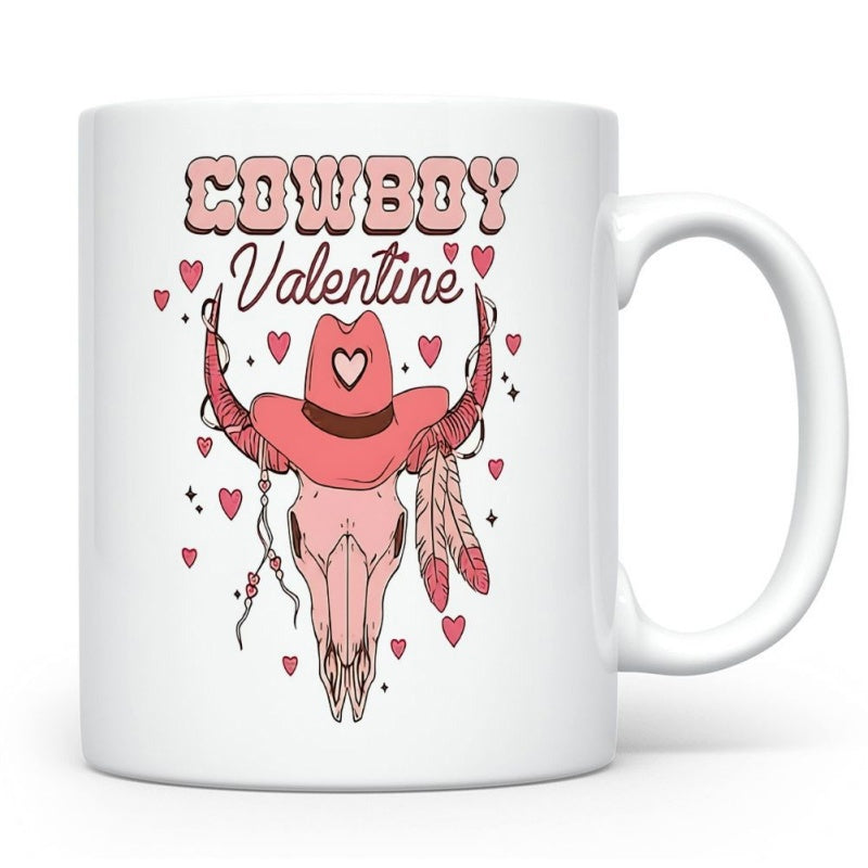 Tailorly White Ceramic 11 oz Mug - Cowboy Valentine Rustic Western Pink Bull Wearing Romantic Cowgirl Hat Steer Skull