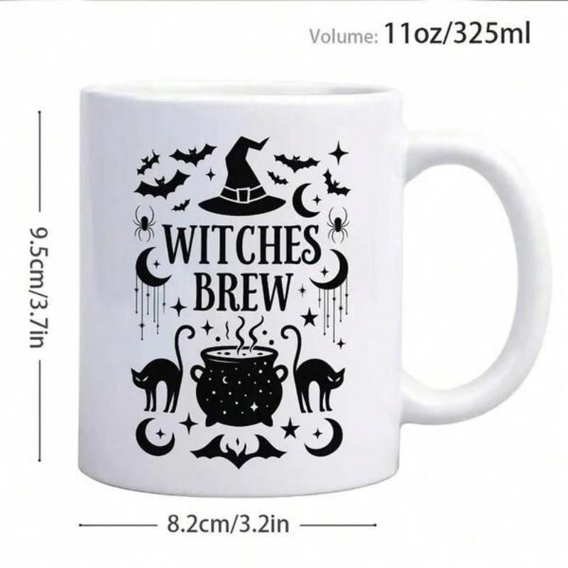 Tailorly White Ceramic 11 oz Mug - Witches Brew Mystical Black Cats Bats And Moons Near Bubbling Cauldron
