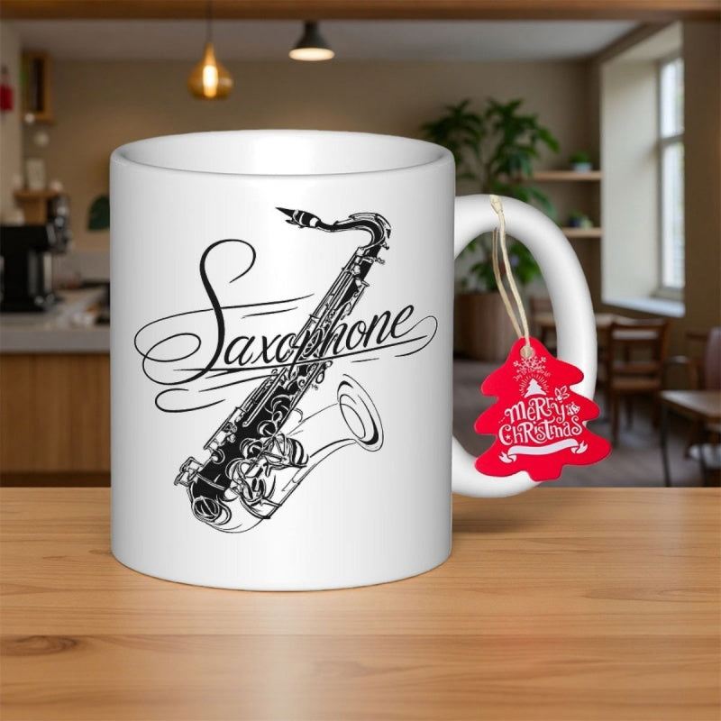 Tailorly White Ceramic 11 oz Mug - Saxophone Detailed Black Ink Sketch Illustrating Classic Vintage Jazz Musical Instrument Saxophone