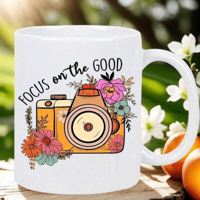 Tailorly White Ceramic 11 oz Mug - Focus On The Good Vintage Illustration With Colorful Blooming Flowers Decorated Around A Retro Style Camera
