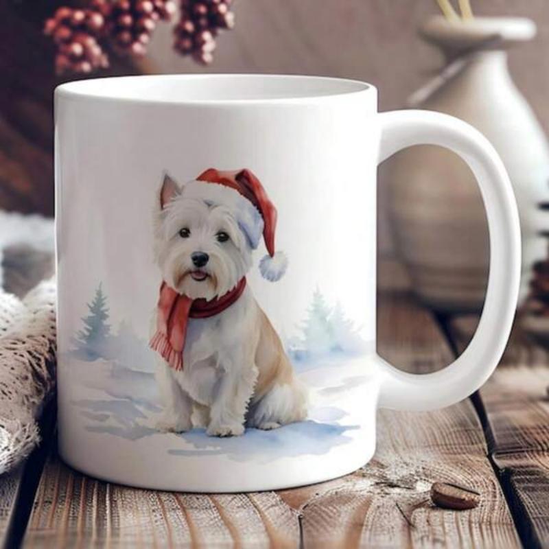 Tailorly White Ceramic 11 oz Mug - Cute White Terrier Wearing Red Christmas Hat Sitting In Snow Dog