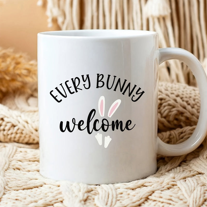 Tailorly White Ceramic 11 oz Mug - Every Bunny Welcome Playful Minimalist Cartoon Elements Featuring Soft Pink Ears And White Paws Bunny