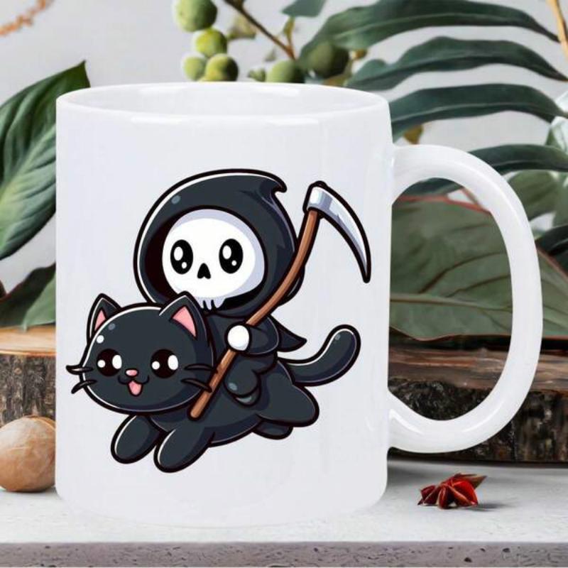 Tailorly White Ceramic 11 oz Mug - Adorable Cartoon Skeleton Holding Scythe Riding Across A Cheerful Black Cat
