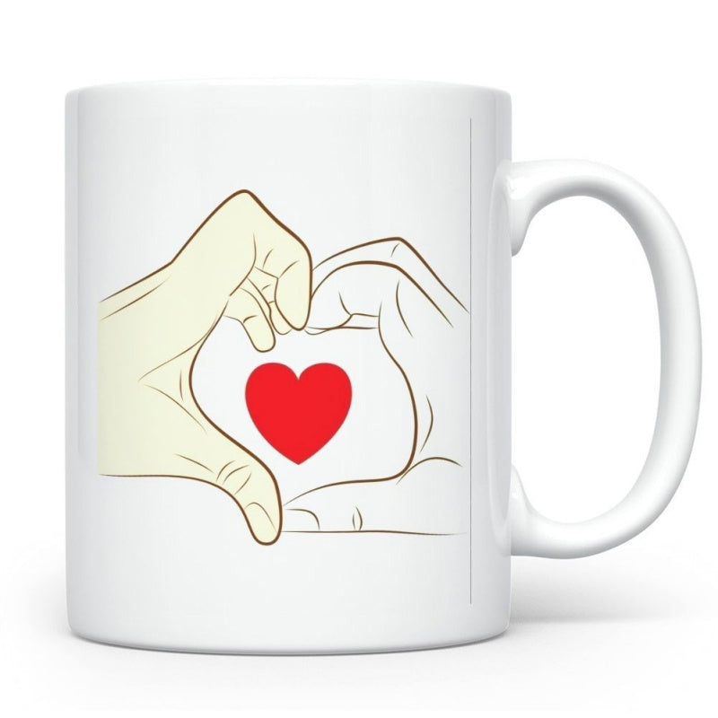 Tailorly White Ceramic 11 oz Mug - Minimalist Line Art Hands Forming Shape Around Small Vibrant Red Heart