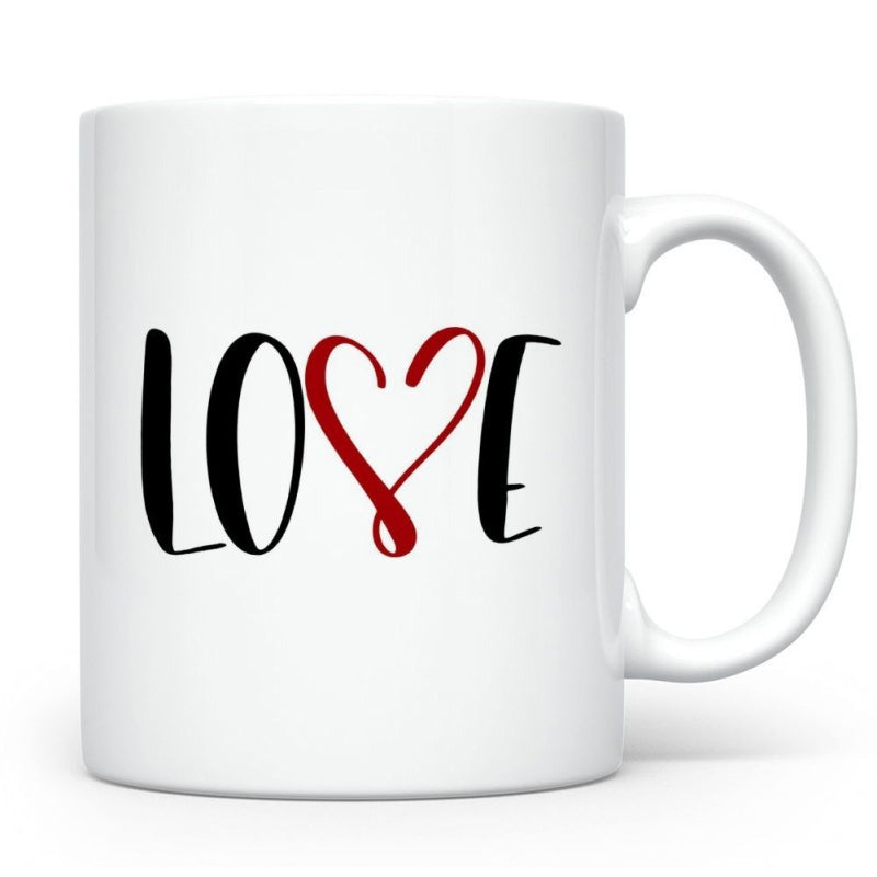 Tailorly White Ceramic 11 oz Mug - Love Minimalist Artistic Hand Drawn Red Symbol Among Black Script Heart