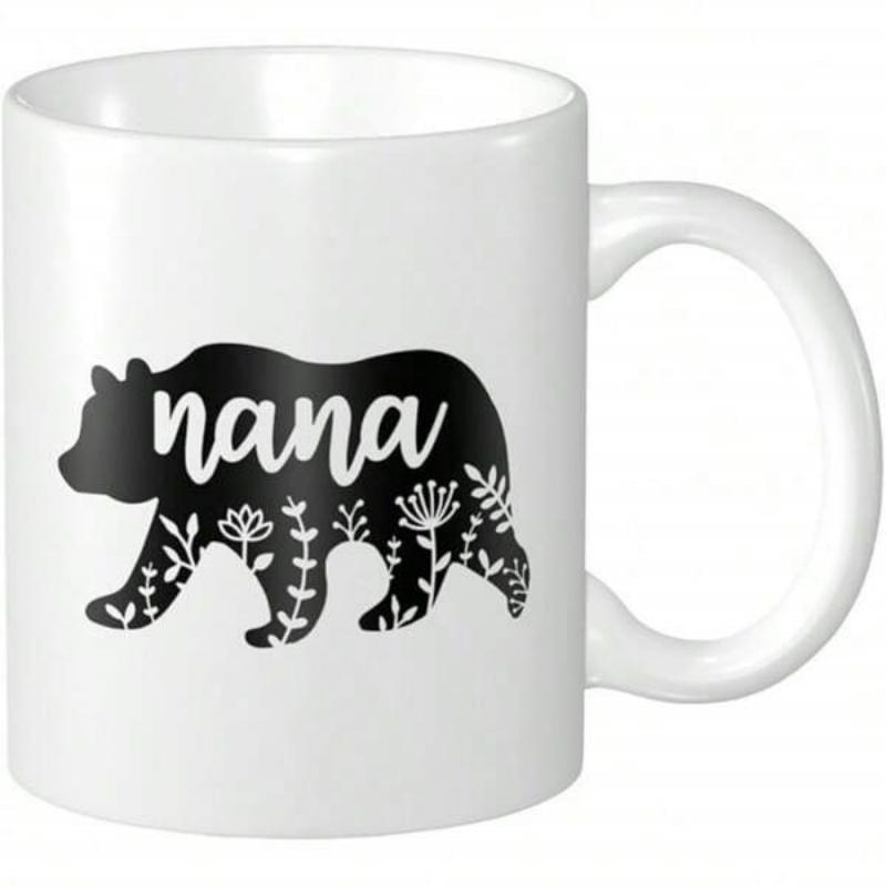 Tailorly White Ceramic 11 oz Mug - Nana Silhouette Filled With Delicate White Wildflowers Walking Bear