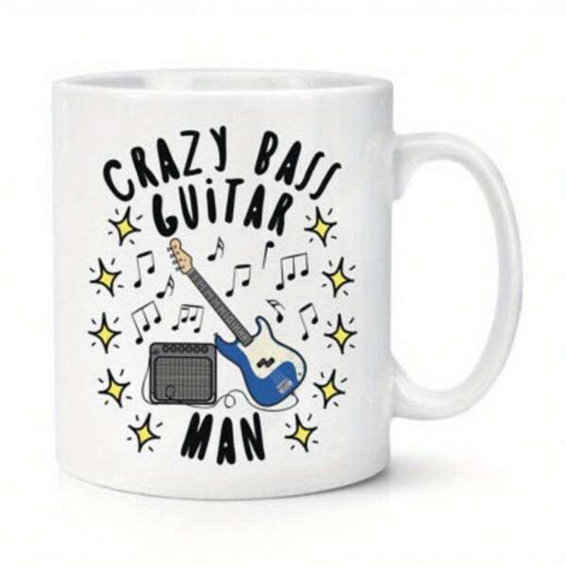 Tailorly White Ceramic 11 oz Mug - Crazy Bass Guitar Man Electric Bass Guitar With Amplifier Among Dancing Musical Notes And Sparkles Guitar